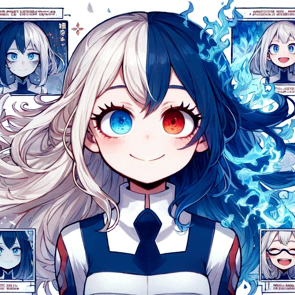 Boku no hero anime one with long hair half white and blue with one blue eye and the other red, delicate bangs covering the forehead with strands going up to the neck, age:14 years style: gentle shy childlike appearance smiling height 1,54 power: blue fire and decay and red wings
