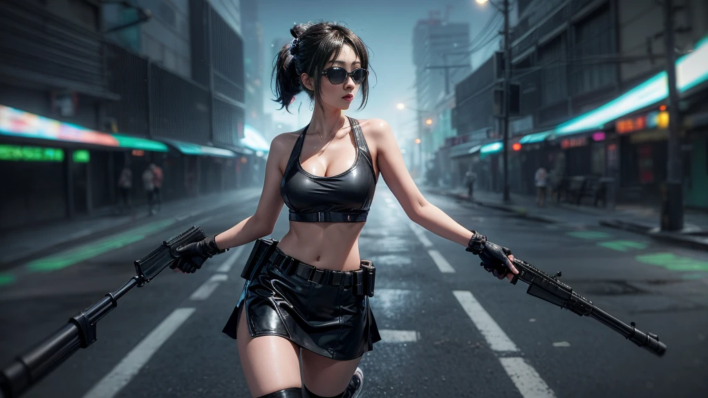 8k, Realistic Skin Texture, Realistic Photo, Neo Tokyo, slim Japanese women, large-breast:1.3 cleavage:1.2, AD2050 at night, Dirty hunting jacket, Wearing tube top, miniskirt, (((black sunglasses, automatic rifle, sneakers, cold, shooting pose, low angle view))), Innovative composition, revenge, cyberpunk, blade runner worldview, Large neon sign, Geisha hologram sign, Strong Wakamoto Sign.