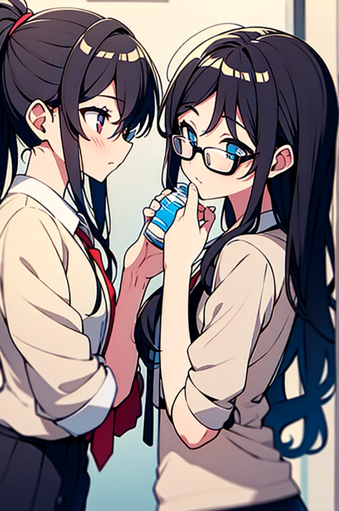 A GIRL WITH GLASSES WITH A PONYTAIL NEXT TO ANOTHER GIRL WITHOUT GLASSES WITH LOOSE AND WAVY HAIR.
 TO BUY WATER