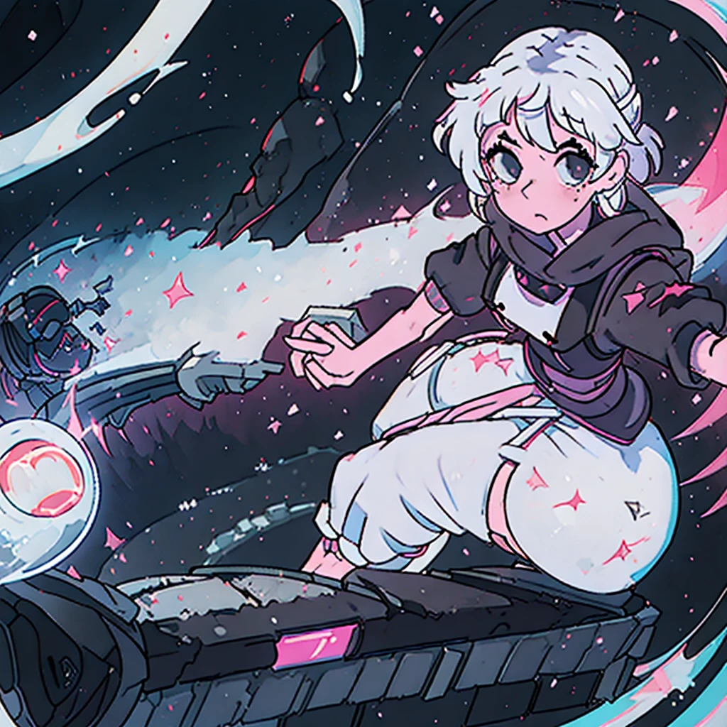 1 girl, Caucasian skin, White hair, mechas roxas, , ghost girl, breasts small, black sweatshirt, black short skirt, fishnet stocking, black boot, neon pink details, portraite, pixada Ghost station background, (velues:1.5)
