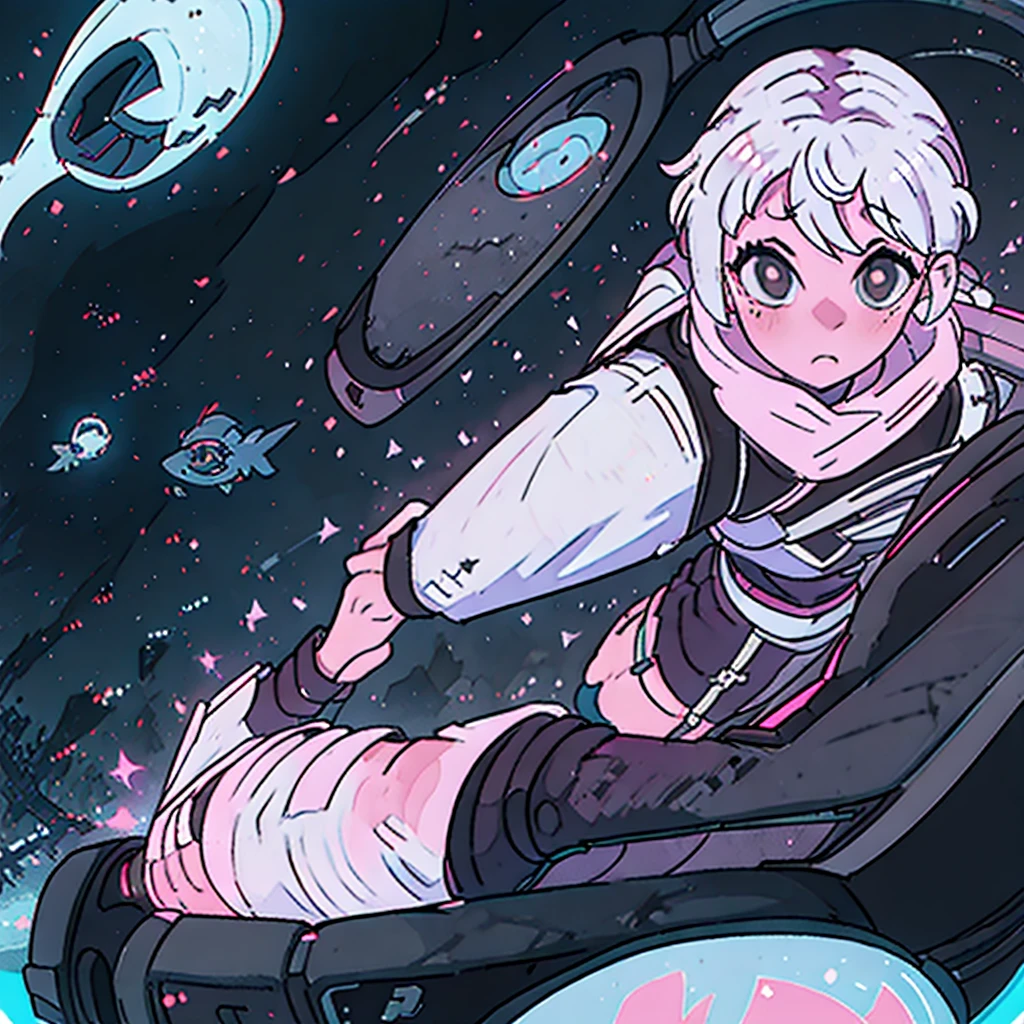 1 girl, Caucasian skin, White hair, mechas roxas, , ghost girl, breasts small, black sweatshirt, black short skirt, fishnet stocking, black boot, neon pink details, portraite, pixada Ghost station background, (velues:1.5)