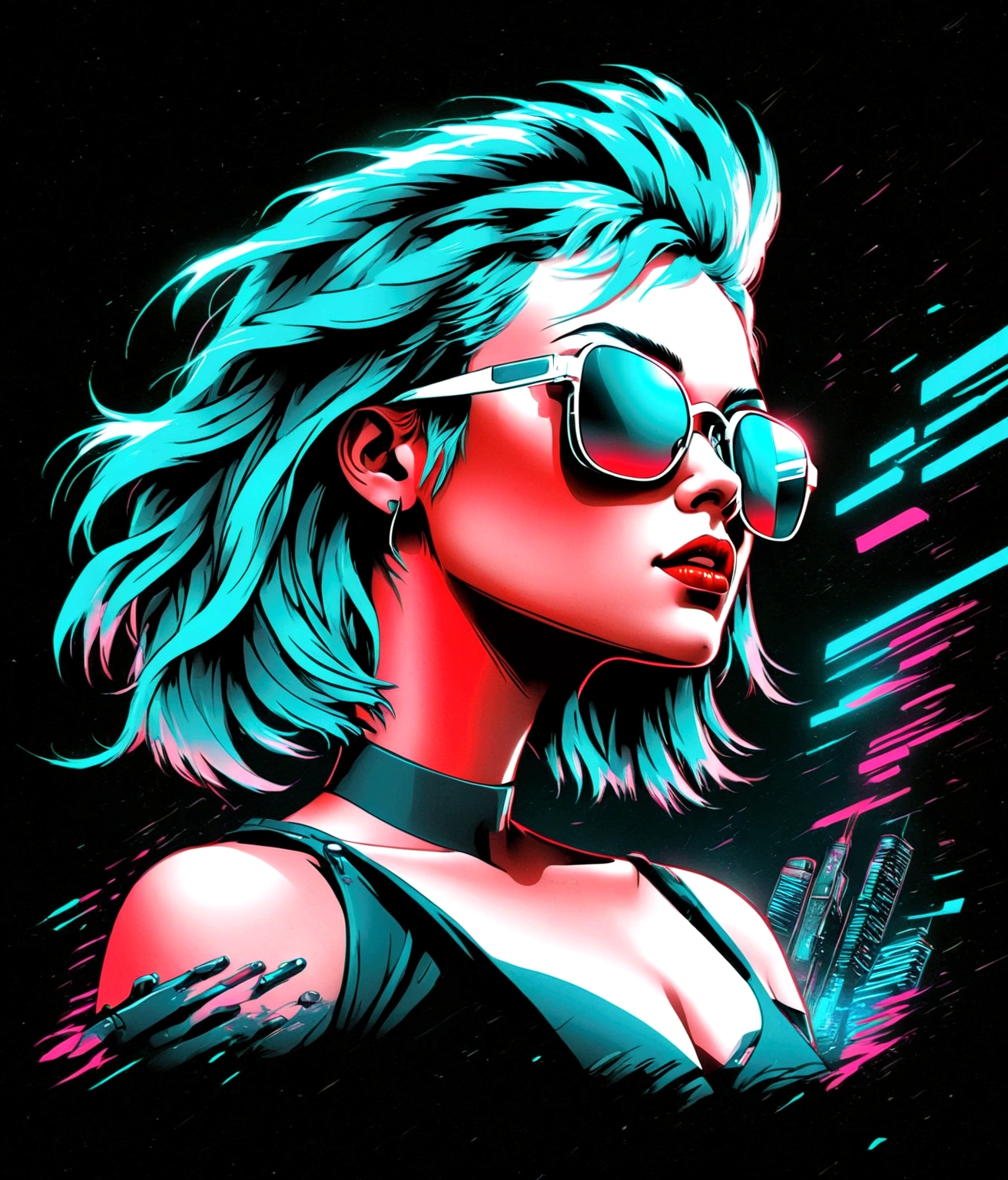 a woman with blue hair and sunglasses on her face, cyberpunk art by Liam Wong, tumblr, digital art, jen bartel, in style of digital illustration, neon operator margot robbie, high contrast illustrations, martin ansin, 3d grainy aesthetic illustration, synthwave art, synthwave art style, cyberpunk art style, drawn in a neo - noir style