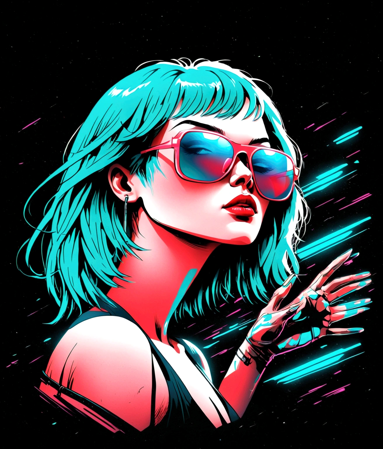 a woman with blue hair and sunglasses on her face, cyberpunk art by Liam Wong, tumblr, digital art, jen bartel, in style of digital illustration, neon operator margot robbie, high contrast illustrations, martin ansin, 3d grainy aesthetic illustration, synthwave art, synthwave art style, cyberpunk art style, drawn in a neo - noir style