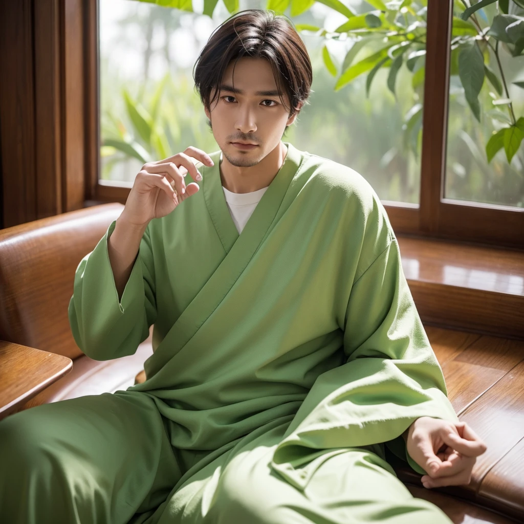 Create an image depicting a man dressed in green attire, embodying the MBTI mediator type, who is overly concerned about others. Show him in a scene where he displays excessive care and consideration towards those around him. Capture his expressions and gestures that convey his empathy and understanding. Set the scene in a tranquil, natural environment to highlight his role as a mediator. Ensure the composition emphasizes his generosity and compassionate nature.