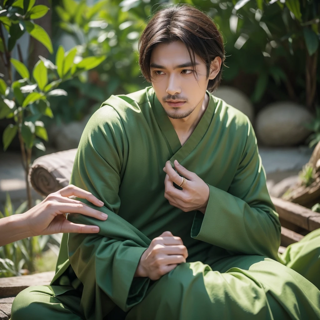 Create an image depicting a man dressed in green attire, embodying the MBTI mediator type, who is overly concerned about others. Show him in a scene where he displays excessive care and consideration towards those around him. Capture his expressions and gestures that convey his empathy and understanding. Set the scene in a tranquil, natural environment to highlight his role as a mediator. Ensure the composition emphasizes his generosity and compassionate nature.