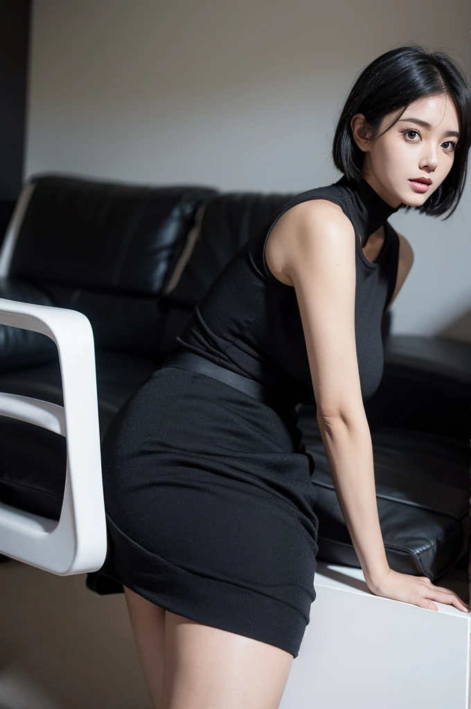Big breasts lady short skirt black hair