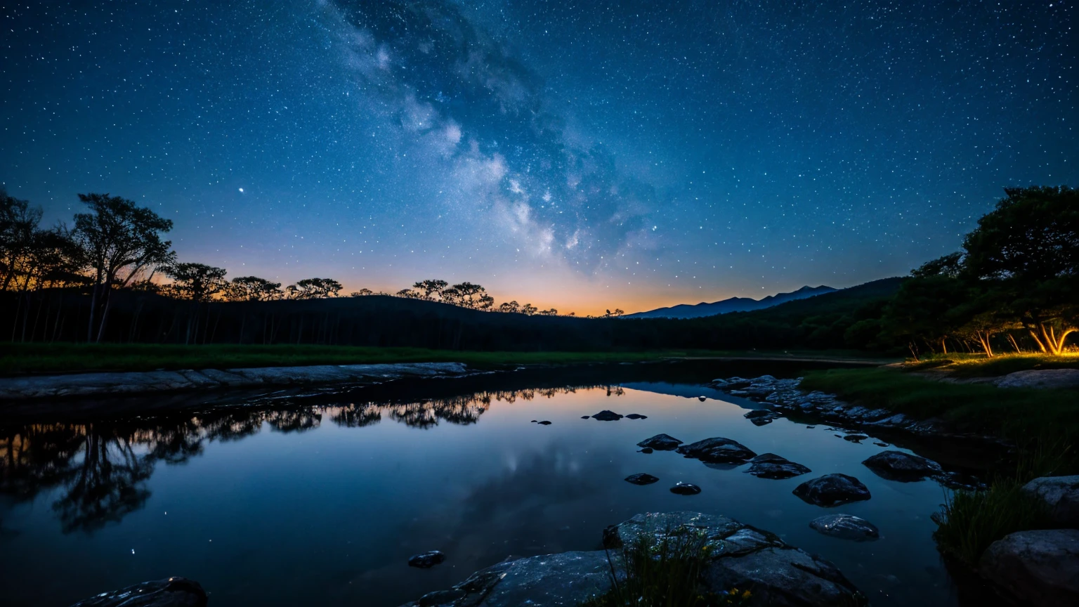 川と山のある風景を描いた星Moonlit Night画,   Starry Skyの夜,  Night view, Moonlit Night, Twinkling distant stars, Natural scenery at night, moonlight, Moonlit Nightscape, Stars shining in the distance, Starry Sky, Mystical Night、full moon