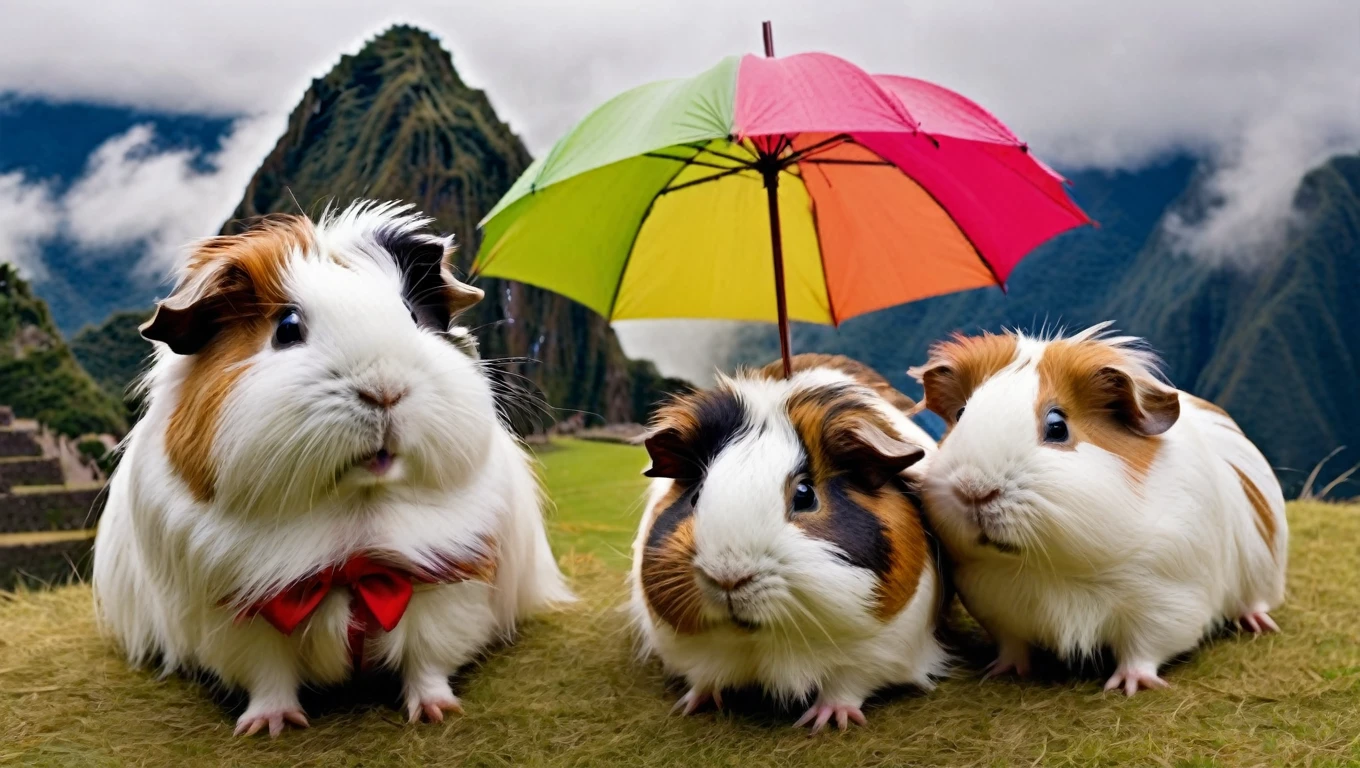 photo of fluffy guinea pigs flying with umbrellas from the heavy wind of Machu Picchu, funny, chaotik, award winning masterpiece, hilarious 