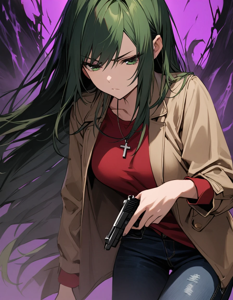 (masterpiece)、(absurdres)、(ultra detailed)、long shot,(shiny dark green hair)、(solo girl)、(dark green eyes)、 breast:0.8,(straight long hair)、BREAK,(casual beige jacket)、(red Tshirt)、(denim JEANS)、Cross Necklace:0.9、BREAK,Holding a handgun in your hand:1.2,Defensive Pose、angry,serious,half-closed eyes,dynamic angle,closed mouth,cowboy shot,side view:1.2,looking away:1.3,Bend one knee、Sit on the ground、A dark graveyard at night filled with monsters and demons:1.1、darkness,no lighting,purple fog:1.05、