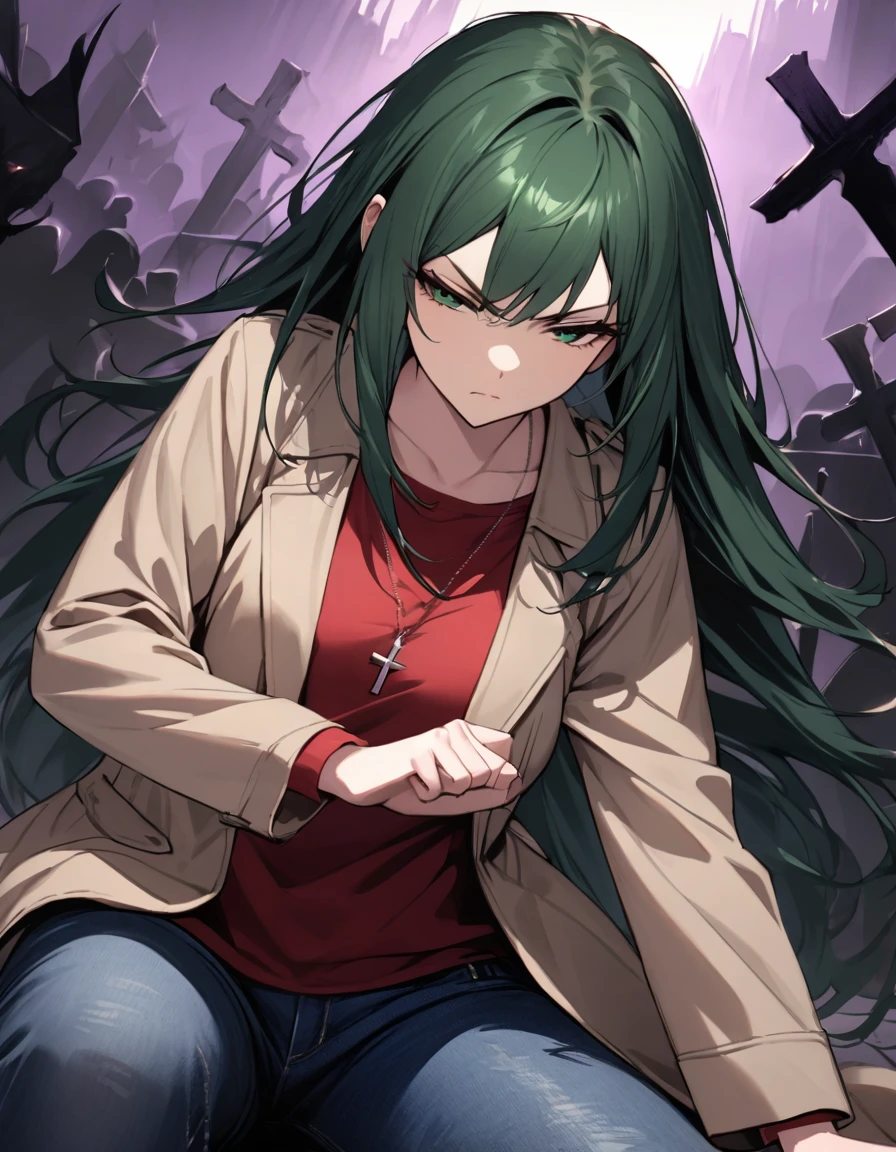 (masterpiece)、(absurdres)、(ultra detailed)、long shot,(shiny dark green hair)、(solo girl)、(dark green eyes)、 breast:0.8,(straight long hair)、BREAK,(casual beige jacket)、(red Tshirt)、(denim JEANS)、Cross Necklace:0.9、BREAK,Holding a handgun in your hand:1.2,Defensive Pose、angry,serious,half-closed eyes,dynamic angle,closed mouth,cowboy shot,side view:1.2,looking away:1.3,Bend one knee、Sit on the ground、A dark graveyard at night filled with monsters and demons:1.1、darkness,no lighting,purple fog:1.05、