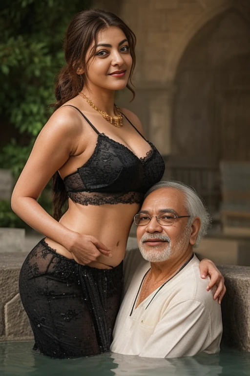 Day scene,kajal and Oldman, Indian black old man, couple pose, a Oldman and kajal in under the water fall, black lace bra and saree, detailed old man, old man gripping kajal waist,big cheeks, curvy, Hollywood lips, wet navel, deep cleavage, necklace, erotic face, 36 yo, ponytail, look at viewer and smile, (cinematic:1.3), intricate details, (ArtStation:1.2),Oldman and beautiful girl posing to viewers, detailed Oldman, old man waist gripping, romantic pose,hot,
