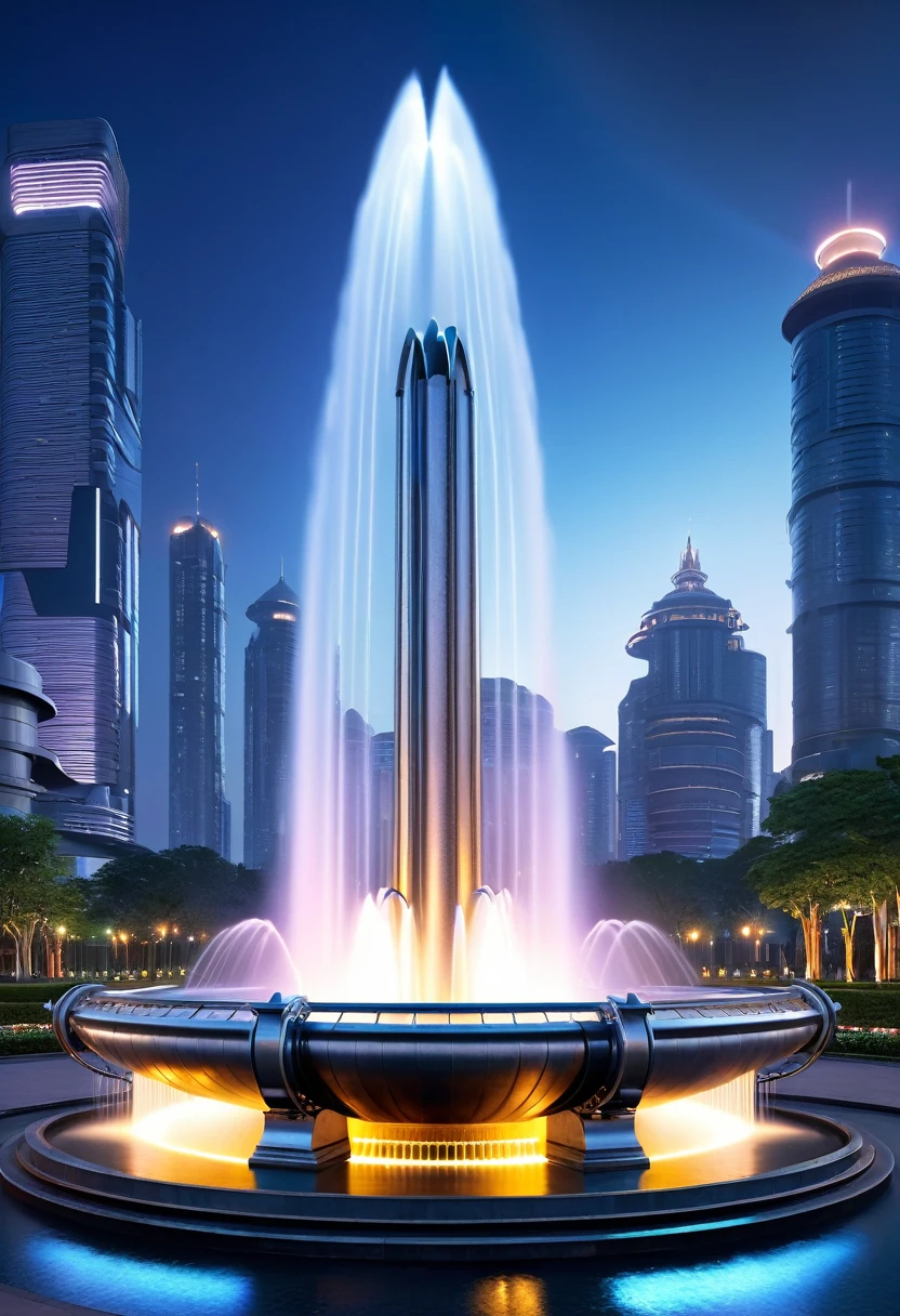 Spectacular futuristic sci-fi night fountain。Fountain spouting from a steam engine,shining silver water column,The whole fountain looks mysterious and high-tech。 The shape of the fountain's water column is also very futuristic..,(Line art:1.5),Colored lines,Figures woven with metal thread,Woven with metal thread,Model shooting style,Abstract Painting, (Highly detailed CG synthesis 8k wallpaper), From the intricate rainbow of smoke overhead、A storm of chaotic lines rises, Stylized abstract portrait of a beautiful girl,Heavy Metal Style,Postmodern Industrial Style,Ultra-realistic,Sculptural image of a beautiful woman made of thin metal wire, golden curve structure, female sculpture made of wire, spiral dripping gold, metal curve composition, Winding Road, abstract female sculpture, small whirlpool, Abstract Sculpture, twist, rotate, intricate metal wire, spiral, long exposure photography, Line Smooth, Complex Light