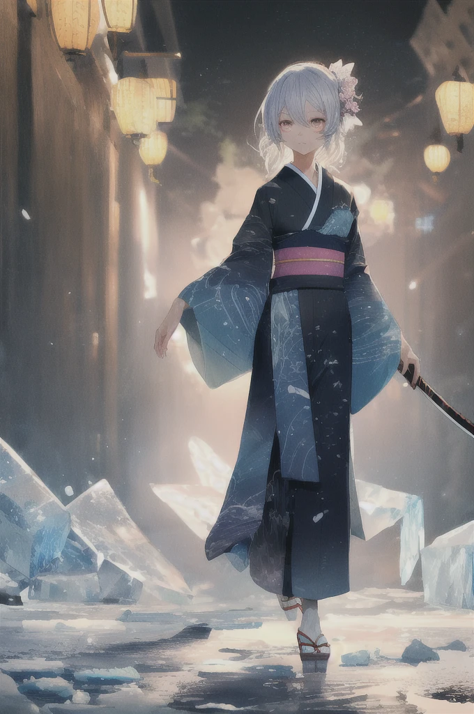 glowing particles, ambient lights, cute, pastel art, full body detailed, 4K, hdr, high details, perfect lighting, perfect anatomy, dreamlike, divine, magical, glowing eyes, ice eye, eye trail, iceMagicAI, blue ice,
, kuchiki_rukia, japanese clothes, kimono, black kimono, 
katana ,
,