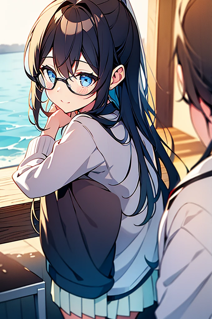 A girl with glasses with a ponytail. 
NEXT TO ANOTHER GIRL WITHOUT GLASSES WITH LOOSE AND WAVY HAIR.
 TO BUY WATER