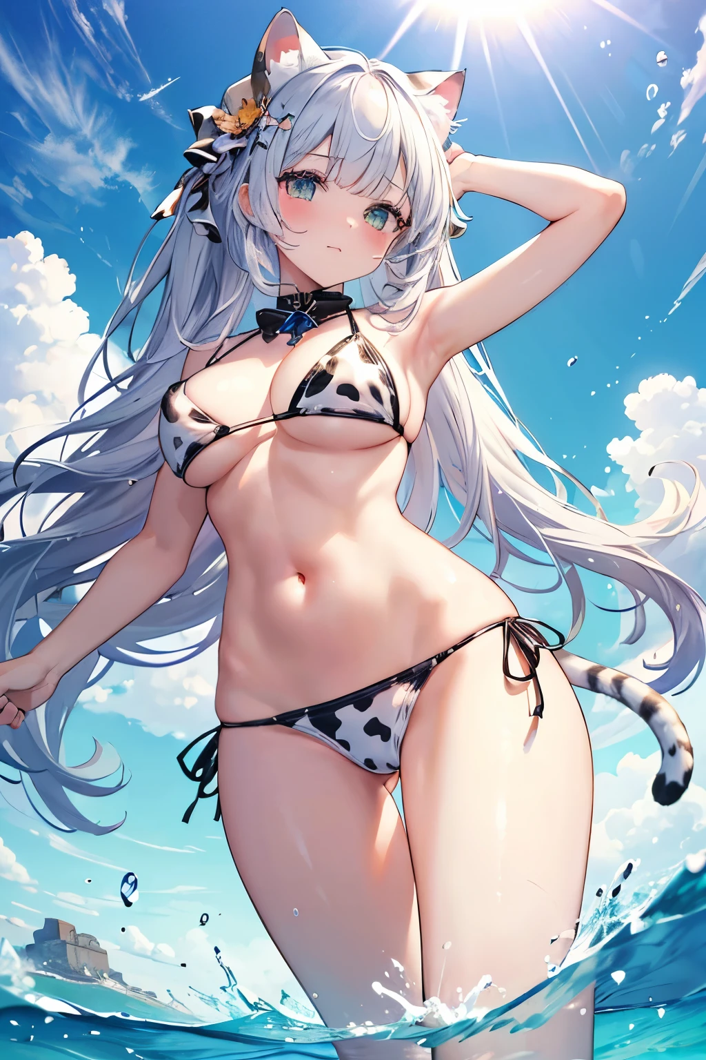  (masterpiece, highest quality:1.2), High resolution, Intricate details, Super detailed, (Highly detailed CG, unity 8k wallpaper), Clear image, (Cat ears:1.5), (Cow pattern bikini:1.3),  (posing in the sea:1.2), (ARMY Equipment:1.2), (Sunshine:1.2),
Blushed face, (From below),

A stunning resort scene by the blue sea, The scene is bathed in sunlight, highlighting the crystal-clear water and sandy beaches,