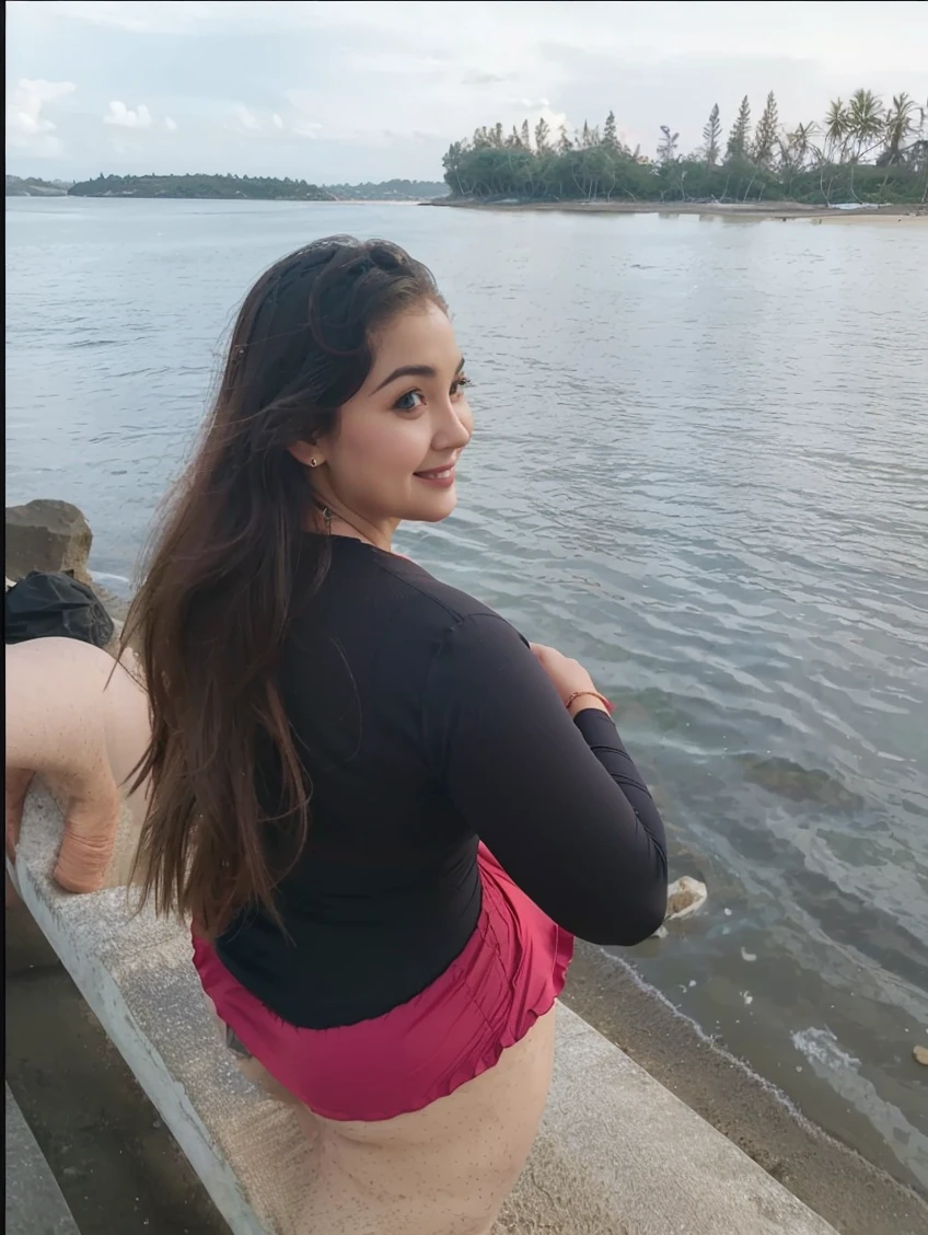 Araffe Curved short dress skirt with small breasts,Big hips Obese underwear Sea swimming and casual beach dress Smoothsky model, round shape, curved shape, attractive smile, Portrait Gabriella Linda, full-length photo, Sucier Red seducer and powerful dress
