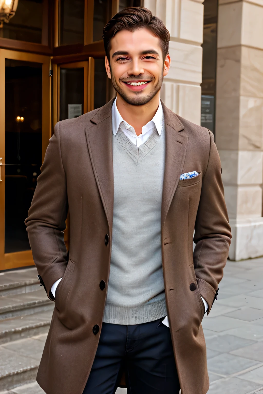 ((best quality)), ((masterpiece)), a man with 
Smile, in coat/blazer a bit brown