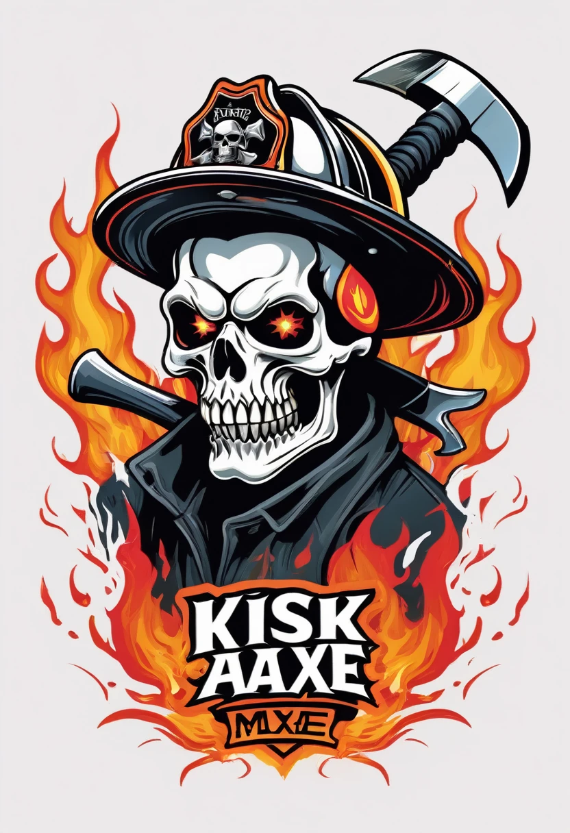 creative logo illustraton of a scary firefighter skull with flaming eyes holding a silver axe, featuring the typography ( KISS MY AXE ), The illustration is set against a white background. The overall theme is vibrant and fantastic with a touch of digital art sketch by frank frazetta, dan mumford, carne griffith
