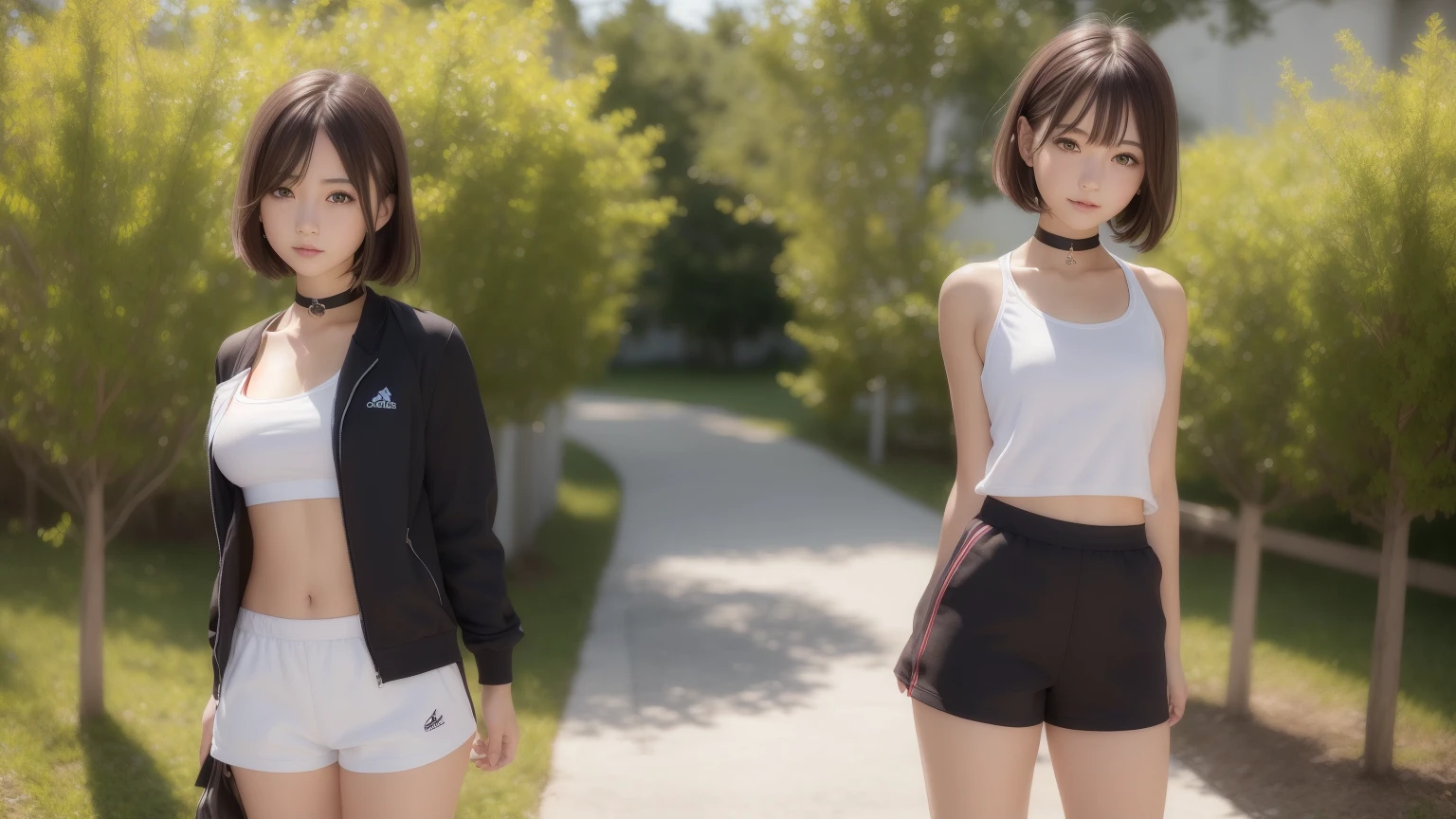 (2girls:1.2), (a detailed full-body RAW photo of a girl), (masutepiece:1.0), (Best Quality:1.4), (超A high resolution:1.2), (Photorealistic:1.4), 8K resolution, Canon EOS R5, 50 millimeters, absurderes, ultra-detailliert, (18 year old), Sharp Focus, Cinematic lighting, Detailed beautiful face, (no-makeup:1.2), (ulzzang -6500-v1.1), petite figure, Detailed skin texture, flat chest, (skinny and fit body:1.6), Detailed brown hair, sweltering,(Very short hair:1.5), (Very thin fit pink and white Nike short cheerleader uniform:1.5), (tight miniskirt:1.3), (Tube Top:1.3), (See-through:1.2), realistic glistening skin, (Sweating:1.3), Detailed texture, (Japan National Team Players:1.5), (flat chest:1.5), (no bra:1.2), (Erect :1.3), (Spread crotch:1.5), (Face the front:1.5), (From below:1.5), (side veiw), (Cameltoe:1.3)(up skirt:1.5), (sun burn:1.5), (up skirt), (class room)