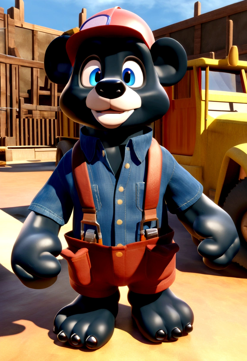 a Disney Pixar movie poster showing a friendly medium sized black bear smiling. The black bear is dressed as a handyman and is very furry. The black bear also has a bright blue collar around its neck and has colored eyes. The black bear is also holding a wrench in its hand. The background is white. 3D-rendering