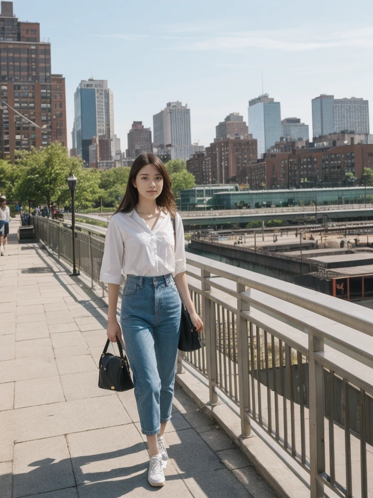 her name is Asako, high quality, 1girl, ((20-year-old fit Caucasian woman)), ((20 years old)), ((slim)), ((Hime Cut)), pose: standing, wearing stylish fashionable Generation-Z modern wear PASTEL colored, BACKGROUND: At the High Line, a linear park built on a historic freight rail line with views of the Hudson River and city streets.