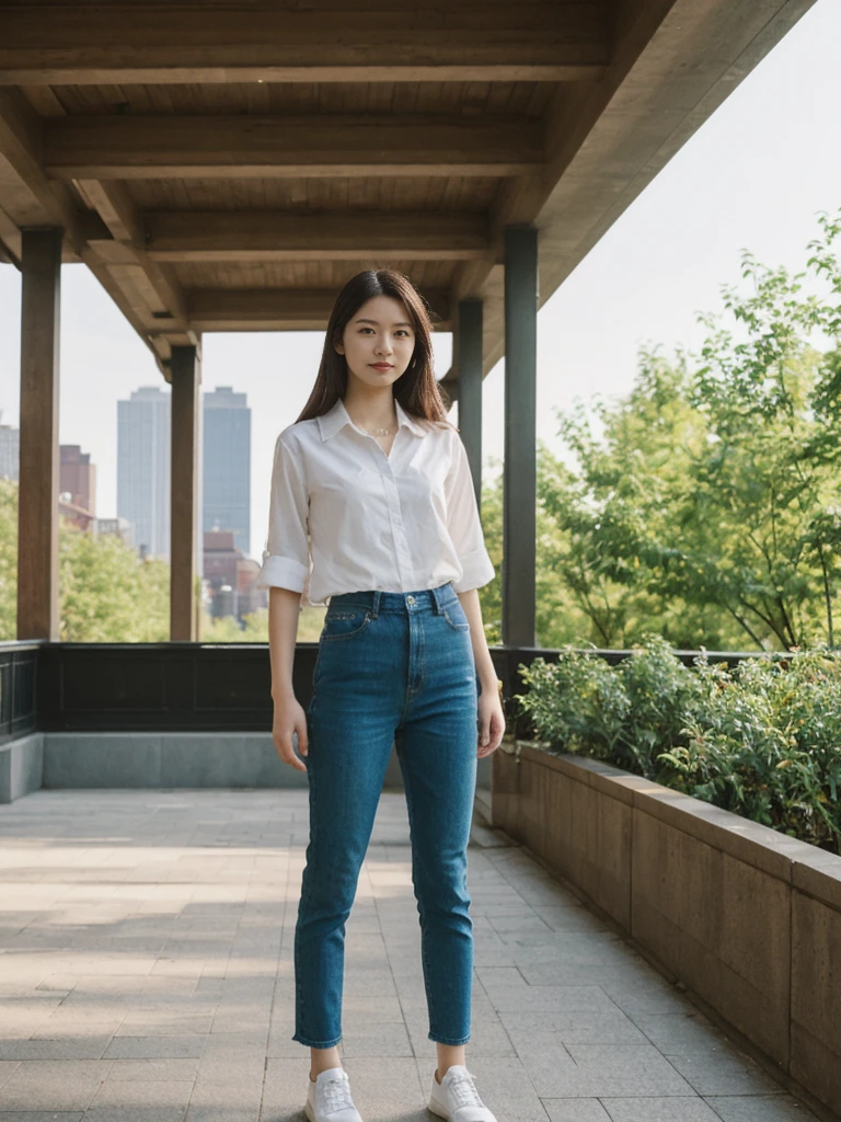 her name is Asako, high quality, 1girl, ((20-year-old fit Caucasian woman)), ((20 years old)), ((slim)), ((Hime Cut)), pose: standing, wearing stylish fashionable Generation-Z modern wear PASTEL colored, BACKGROUND: At the High Line, a linear park built on a historic freight rail line with views of the Hudson River and city streets.