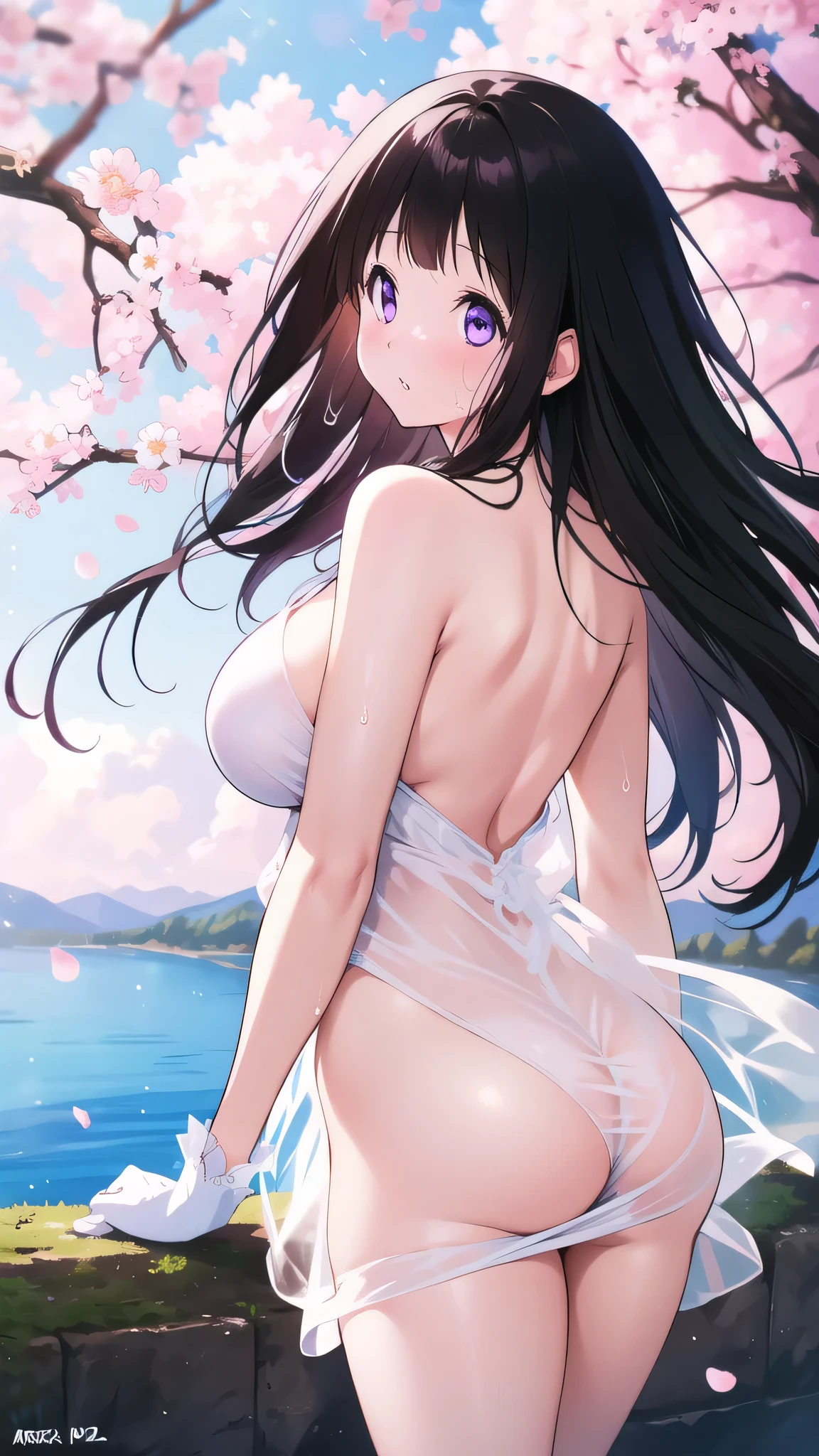 Amazing Chitanda, There is only one beautiful girl,Purple Eyes, Black Hair, Very red face,Very white skin,Glowing skin,Skin as delicate as porcelain,Naturally straight hair, Straight bangs,Extremely refined,Open lips,Long flowing hair,Beautiful Girl, Like a dream,Slim,Slim waist,soft, (sensuous), (Kawaii), Dream quality,Beautiful big breasts,Sheer loose dress,areola,Completely naked,Lower edge of breast,White gloves,Flower decoration,Deep V neckline,Loose neckline,White lace-up,Wide neckline,In school,The wind blows the hair,Place your hands on your inner thighs,Thighs clamp hands,Wet skin,Sweaty and sweaty,Sweating all over,it is raining,Next to the cherry blossom trees,Back to,Lean over,Hips,Side body,Gluteal groove,Completely naked buttocks,Bare back,Completely naked back,Light transmission,(no pants),nopan,pussy juice,Bare shoulders,There are no shoulder straps,Bare neck,Exposed collarbone,Exposing breasts,Exposing breasts side,Exposing breasts,Show your waist,Show your buttocks,Show your thighs,Exposing the groin,(No pants),extremely shy,Ultra-high resolution, (masterpiece:1.2, best quality), (Delicate and beautiful eyes: 1.2), (Beautiful and delicate face)