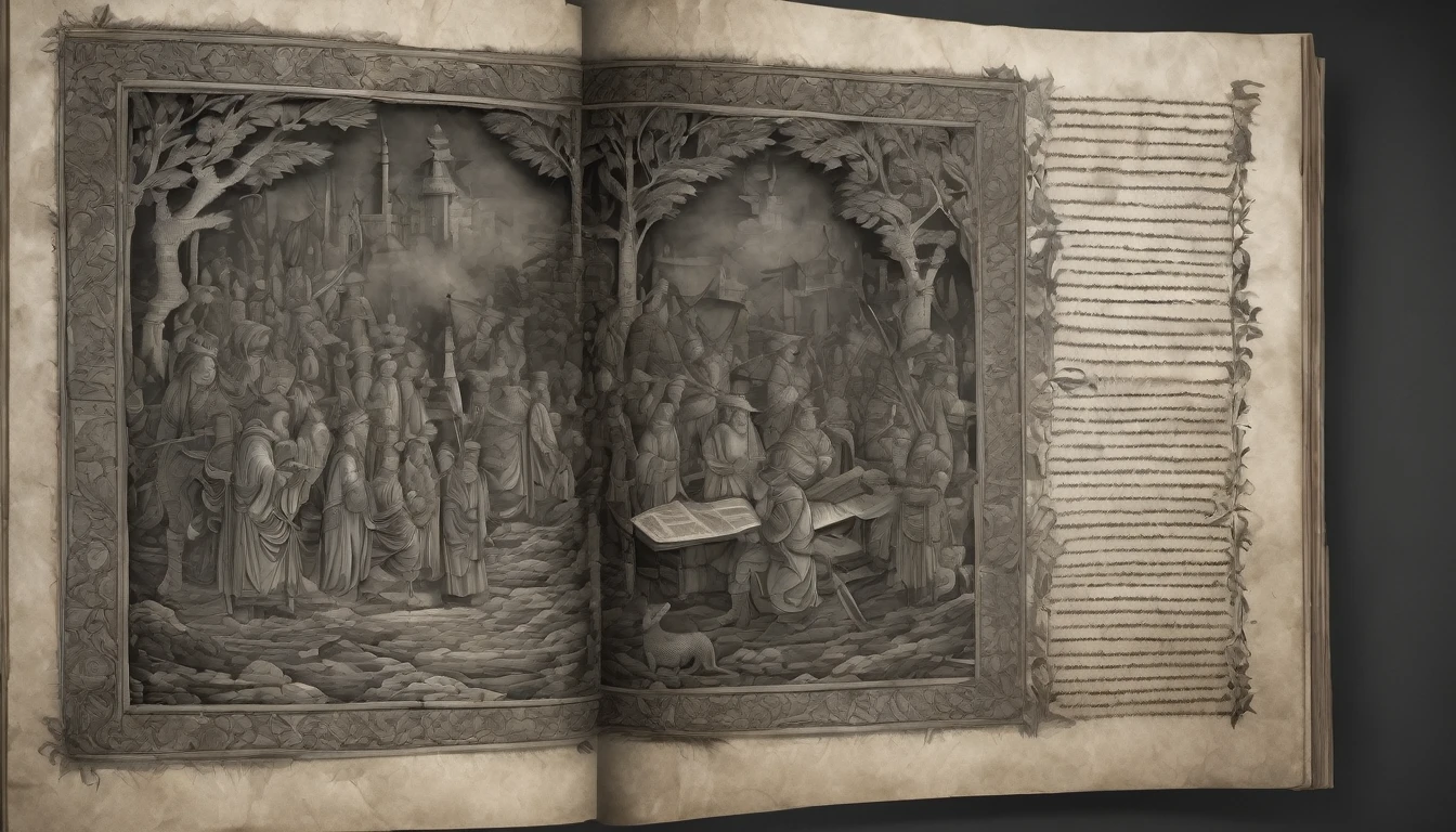 Generate a cinematic, grayscale, high-definition image of an ancient manuscript with illustrations of mythical figures. The manuscript should be open, with detailed drawings and text visible. Use soft, dramatic lighting to highlight the textures of the aged paper and the intricate details of the illustrations.