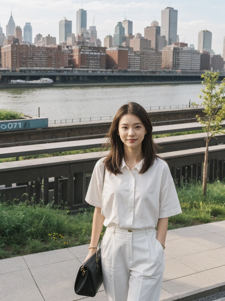 her name is Asako, high quality, 1girl, ((20-year-old fit Caucasian woman)), ((20 years old)), ((slim)), ((Hime Cut)), pose: standing, wearing stylish fashionable Generation-Z modern wear PASTEL colored, BACKGROUND: At the High Line, a linear park built on a historic freight rail line with views of the Hudson River and city streets.