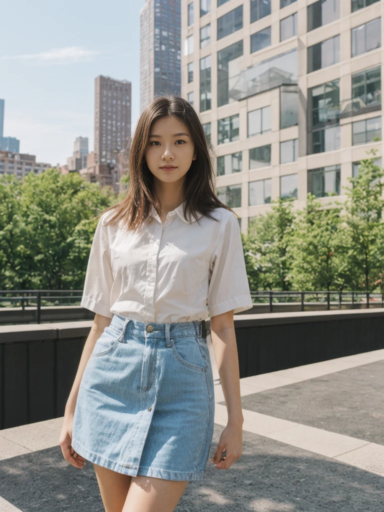 her name is Asako, high quality, 1girl, ((20-year-old fit Caucasian woman)), ((20 years old)), ((slim)), ((Hime Cut)), pose: standing, wearing stylish fashionable Generation-Z modern wear PASTEL colored, BACKGROUND: At the High Line, a linear park built on a historic freight rail line with views of the Hudson River and city streets.