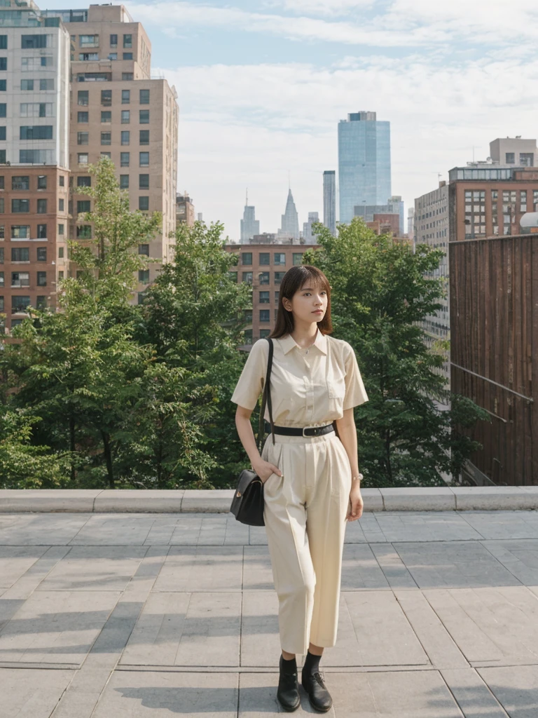 her name is Asako, high quality, 1girl, ((20-year-old fit Caucasian woman)), ((20 years old)), ((slim)), ((Hime Cut)), pose: standing, wearing stylish fashionable Generation-Z modern wear PASTEL colored, BACKGROUND: At the High Line, a linear park built on a historic freight rail line with views of the Hudson River and city streets.