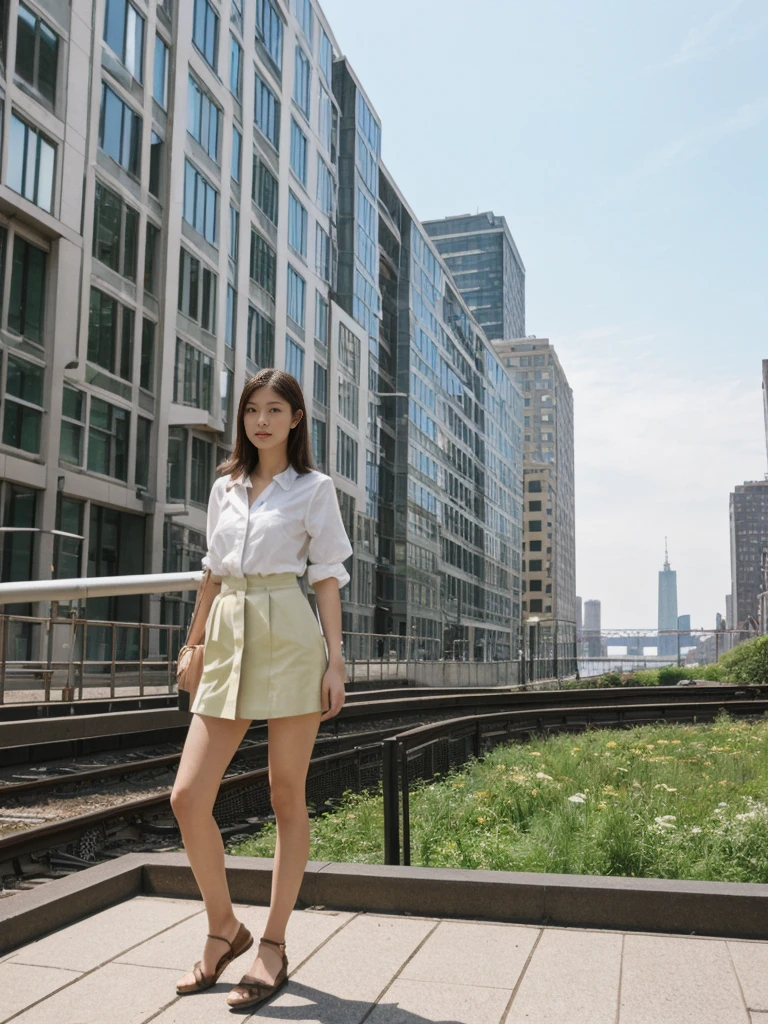 her name is Asako, high quality, 1girl, ((20-year-old fit Caucasian woman)), ((20 years old)), ((slim)), ((Hime Cut)), pose: standing, wearing stylish fashionable Generation-Z modern wear PASTEL colored, BACKGROUND: At the High Line, a linear park built on a historic freight rail line with views of the Hudson River and city streets.