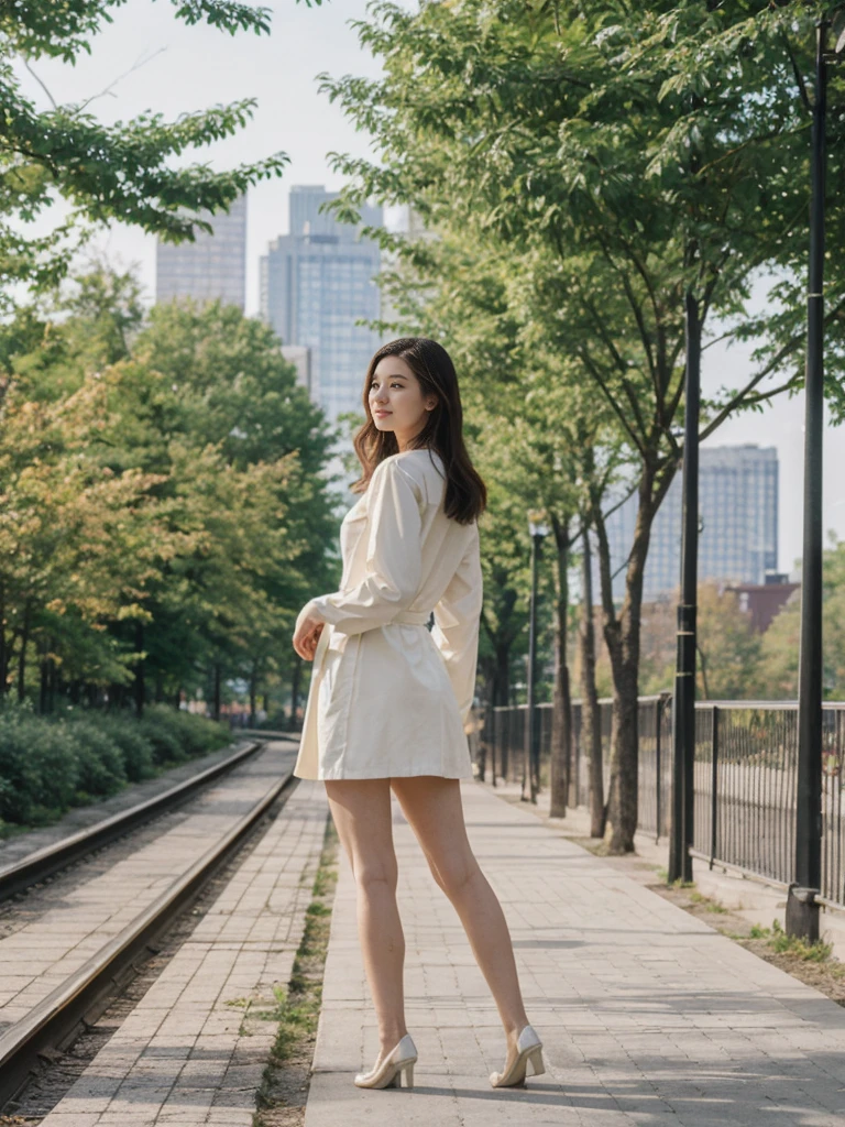 her name is Asako, high quality, 1girl, ((20-year-old fit Caucasian woman)), ((20 years old)), ((slim)), ((Hime Cut)), pose: standing, wearing stylish fashionable Generation-Z modern wear PASTEL colored, BACKGROUND: At the High Line, a linear park built on a historic freight rail line with views of the Hudson River and city streets.