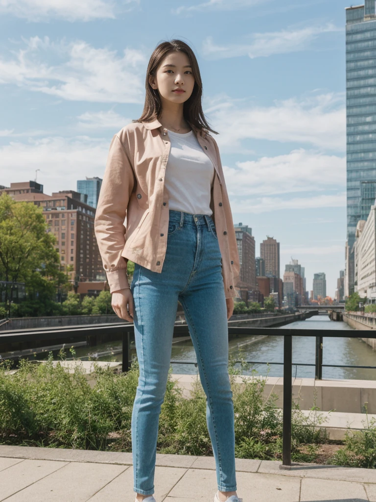 her name is Asako, high quality, 1girl, ((20-year-old fit Caucasian woman)), ((20 years old)), ((slim)), ((Hime Cut)), pose: standing, wearing stylish fashionable Generation-Z modern wear PASTEL colored, BACKGROUND: At the High Line, a linear park built on a historic freight rail line with views of the Hudson River and city streets.