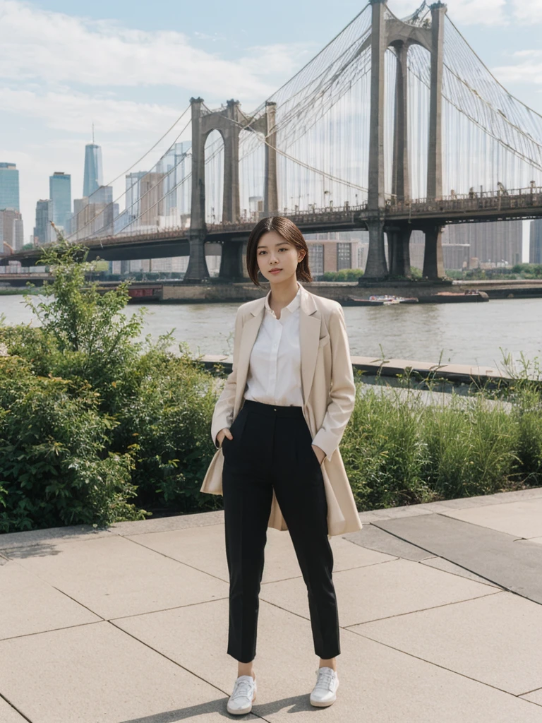 her name is Asako, high quality, 1girl, ((20-year-old fit Caucasian woman)), ((20 years old)), ((slim)), ((Hime Cut)), pose: standing, wearing stylish fashionable Generation-Z modern wear PASTEL colored, BACKGROUND: At the High Line, a linear park built on a historic freight rail line with views of the Hudson River and city streets.
