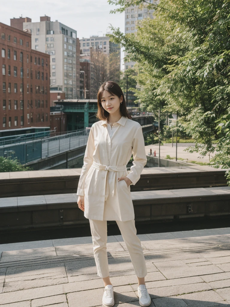 her name is Asako, high quality, 1girl, ((20-year-old fit Caucasian woman)), ((20 years old)), ((slim)), ((Hime Cut)), pose: standing, wearing stylish fashionable Generation-Z modern wear PASTEL colored, BACKGROUND: At the High Line, a linear park built on a historic freight rail line with views of the Hudson River and city streets.