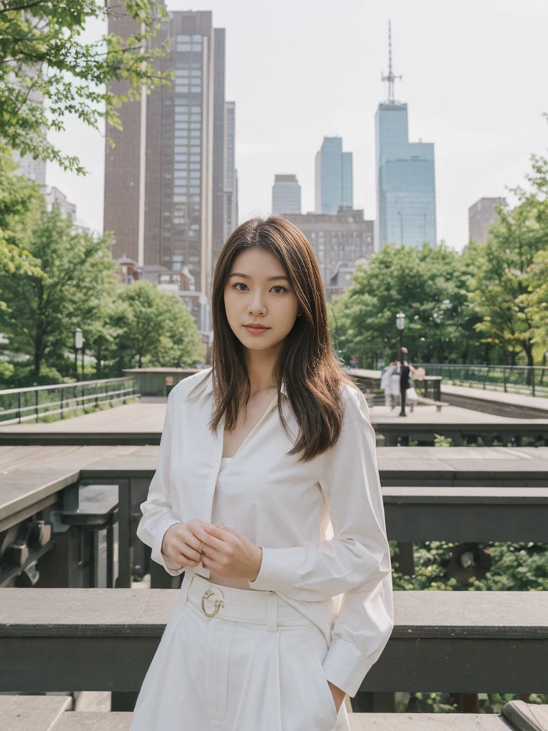 her name is Asako, high quality, 1girl, ((20-year-old fit Caucasian woman)), ((20 years old)), ((slim)), ((Hime Cut)), pose: standing, wearing stylish fashionable Generation-Z modern wear PASTEL colored, BACKGROUND: At the High Line, a linear park built on a historic freight rail line with views of the Hudson River and city streets.