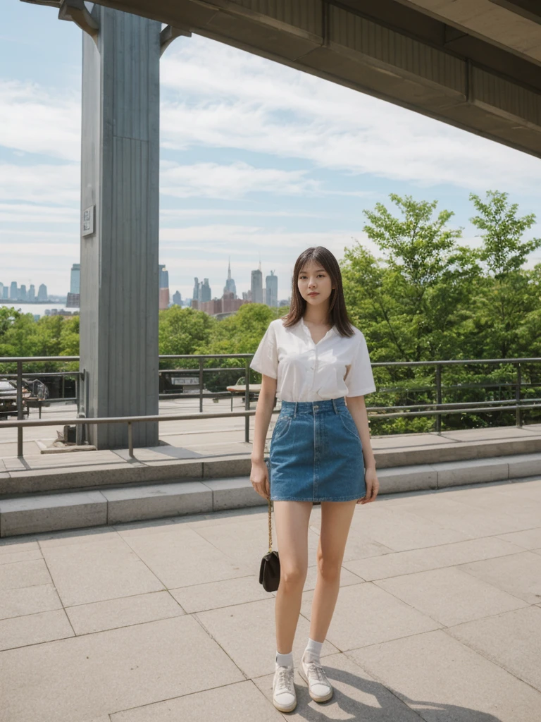 her name is Asako, high quality, 1girl, ((20-year-old fit Caucasian woman)), ((20 years old)), ((slim)), ((Hime Cut)), pose: standing, wearing stylish fashionable Generation-Z modern wear PASTEL colored, BACKGROUND: At the High Line, a linear park built on a historic freight rail line with views of the Hudson River and city streets.