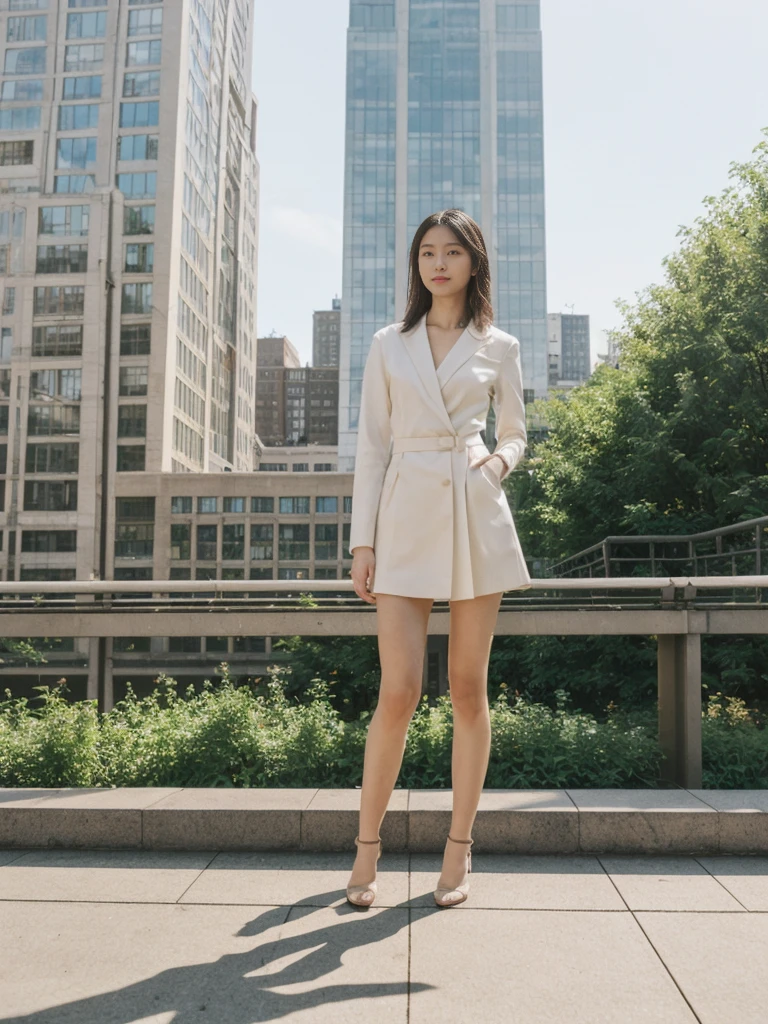 her name is Asako, high quality, 1girl, ((20-year-old fit Caucasian woman)), ((20 years old)), ((slim)), ((Hime Cut)), pose: standing, wearing stylish fashionable Generation-Z modern wear PASTEL colored, BACKGROUND: At the High Line, a linear park built on a historic freight rail line with views of the Hudson River and city streets.