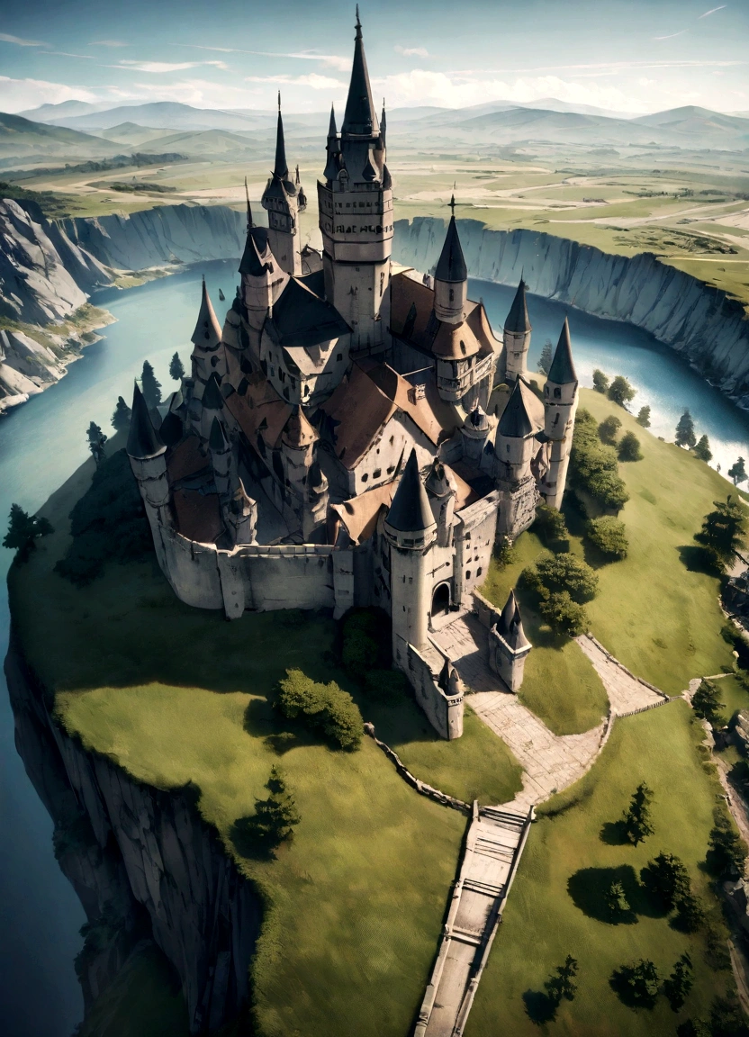 A landscape from above, that approaches the entrance of a castle.