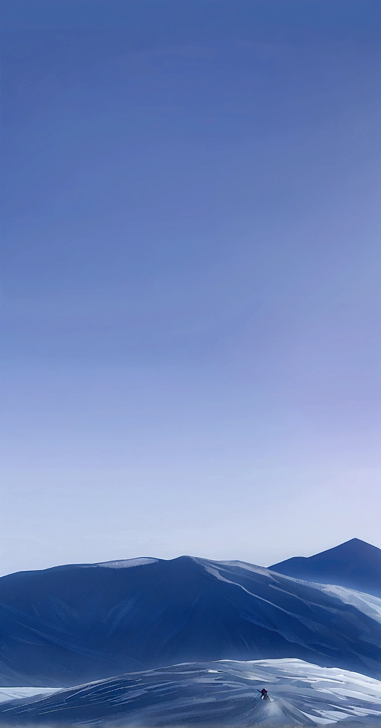 Skier sliding down snowy mountain under blue sky and white clouds, Mountains in the background脉, Mountains in the background, Mountains in the background脉, Mountains in the background, Very broad view, hyper wide view, Clear blue sky, Mountains in the background脉, blue and Clear skies, Clear skies, two Mountains in the background脉, Mountains in the background脉, Clear skies