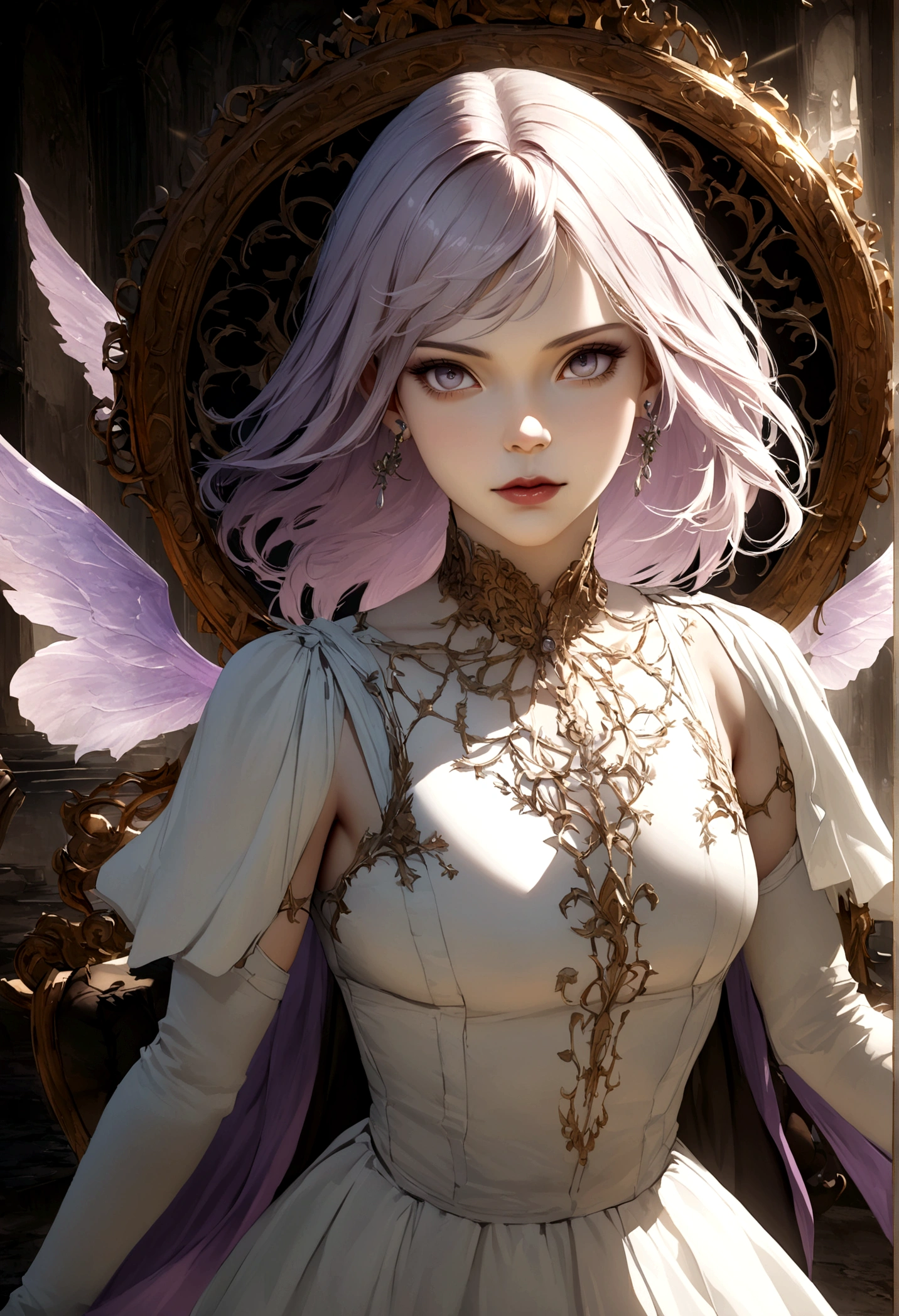 (((very high definition anime art))) In this stunning depiction, capturing the intensity of an (((a beautiful 18yo lady air spirit with pale skin ))) ((((( short and light violet hair with white highlights )))))(((shining white eyes))), (((wears a white tunica,brown trousers and black boots and wings on his back ))),(( silver jewelry )), she exudes a fierce and formidable presence. This high-quality image, rendered in 8K Ultra HD, immerses viewers in the intricate details of the scene.,REALISTIC