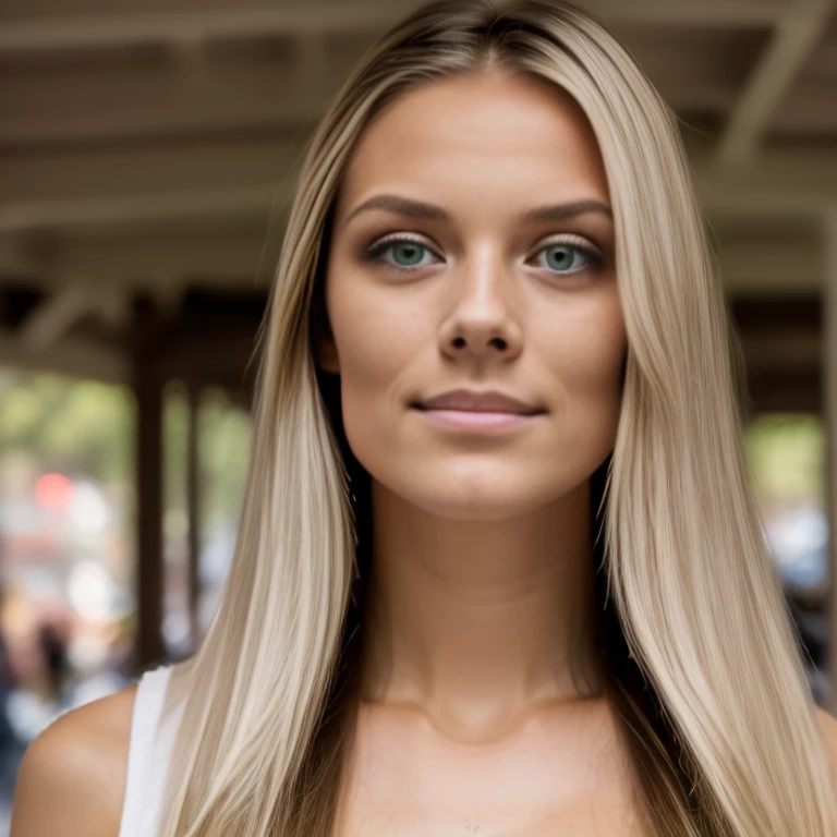 (autophoto, front view: 1.4), (right side of the body: 1.4), RAW uhd photo portrait, (yellowish brown blonde hair), (tiny blonde eyebrows), long straight hair, (angular face: 1.3), (Long Face: 1.4), a 22 year old woman walks through an alley, city by day, T-shirt, (neck), details (Textures!, Hair!, the color white! , contras: 1.2), bright grey green eyes with great details (looking to the camera), Reflective lighting, reflex camera, Ultra quality, sharpness, depth of field, film grain (center), Fujifilm XT3, clear as light, frame center, beautiful face, sharpness, bokeh (dimly lit), day, (grey sky), detailed skin pores, Oily skin, details complejos de los ojos, whole body, one ear visible, small and long nose, narrow eyes of the same size