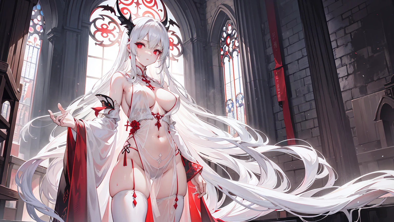 Long white hair，Red eyes，Sexy Sheer Colonial Dress, Perfect body, Clear chest, Well-defined collarbone, Surreal, lifelike, detailed, Perky transparent nipples, Wet clothes(whole body:1.1),cross，Holy，best quality，Large Breasts，Big Ass，No underwear。Gorgeous church background with extreme details