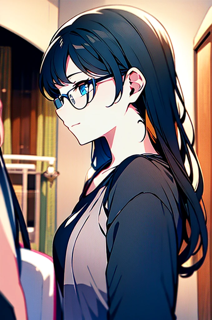 A girl with glasses with a ponytail. 
NEXT TO ANOTHER GIRL WITHOUT GLASSES WITH LOOSE AND WAVY HAIR.
AND THEY GO TO A STORE TO BUY WATER