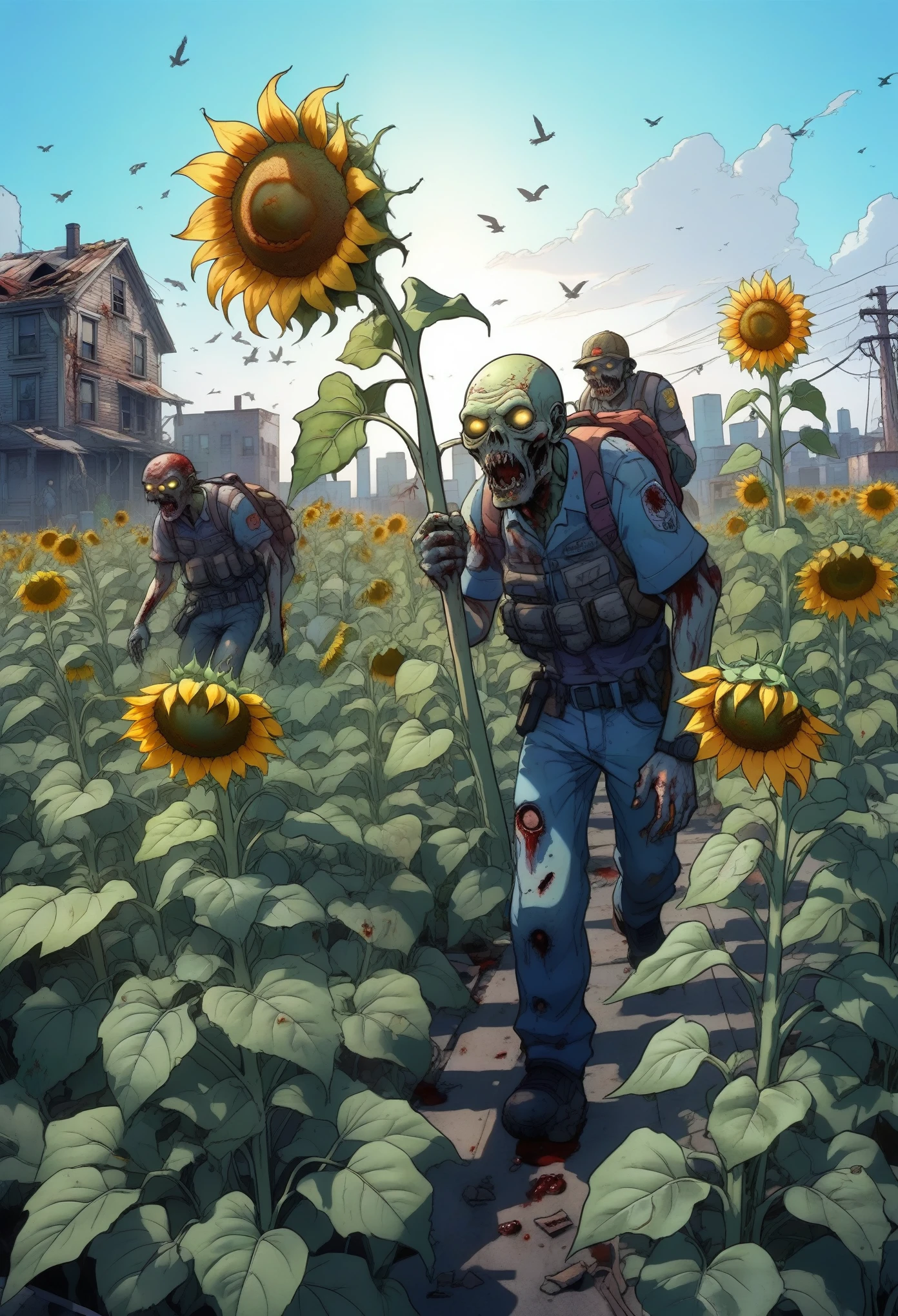 ((zombies)), A zombie horde shambling through a decaying city field of sunflower, broken windows, boarded up windows, Plants, post-apocalyptic city, A city full of vines that don't wrap around the city, (Masterpiece), (highest quality), realistic, Anime-style cel shading coloring, anime style, clean lines, cross-hatching, cinematic lighting, illustration,