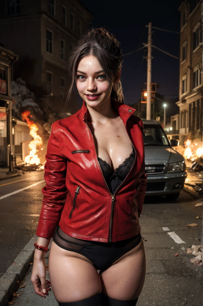 1girl, (realistic),(hyperrealism),(best quality),(masterpiece),(ultra high res),(photorealistic),idol,eye makeup,detailed eyes,detailed face, claireredfield2, brown hair, (red jacket:1.2), ponytail,,  red wristband,,  abandoned street, burning cars in background, littered street, smoke, chaos, zombie apocalypse, daytime, sunny,,  looking at viewer, smiling, closeup shot,,  sexy pose, seductive, flirting, sexy lingerie, sexy stockings, lingerie suspenders