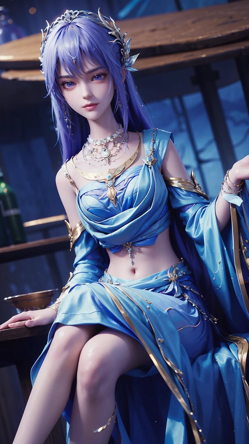 ((Shot in the knee)), ((From below)),A young girl, Wearing a skirt，At the bar, sit on the chair, Cross your legs, Posing elegantly, Detailed scenario, Messy long hair, Blush Blush, Beautiful slender legs, (Very high color saturation), details, Ultra Detailed, (masterpiece, Best quality), (Extremely exquisite and beautiful work), Delicate earrings, Exquisite necklace, Simple blur background, Extremely detailed description, Super Fine, Delicate face, slim body, Thin waist, (Grin), (Anatomically correct)，whole body，barefoot