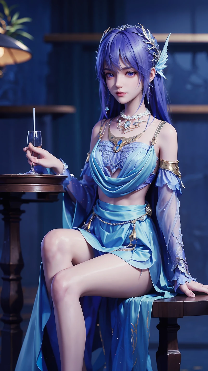 ((Shot in the knee)), ((From below)),A young girl, Wearing a skirt,At the bar, sit on the chair, Cross your legs, Posing elegantly, Detailed scenario, Messy long hair, Blush Blush, Beautiful slender legs, (Very high color saturation), details, Ultra Detailed, (masterpiece, Best quality), (Extremely exquisite and beautiful work), Delicate earrings, Exquisite necklace, Simple blur background, Extremely detailed description, Super Fine, Delicate face, slim body, Thin waist, (Grin), (Anatomically correct),whole body,barefoot