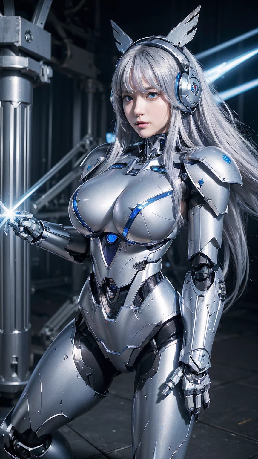 ((Intense action pose:1.6))、((Shining lenses on both breasts:1.3))、((Blue pillars of light are emanating from both chests.:1.3))、smile、((8K)), ((32k)), ((Highest quality)), ((masterpiece)), ((超A high resolution)), ((Tmasterpiece)), ((Halation:1.4))、((Mechanical headgear:1.2))、((Cyber Headphones:1.3))、Fine skin, High quality fabric, Fine metal texture、((Beautiful and dense face))、RAW Photos、Professional, Ultra-fine painting, ((alone)), Beautiful breasts、Highest quality, Very detailed, Very detailed, Finer details, so beautiful, ((Princess Knight Robot:1.2)), (Joints of machines, Mechanical Limbs:1.3), (The internal structure of the machine is exposed:1.3), (Long silver hair:1.1), (Beautiful and huge mechanical breasts)、White Veil, cowboy_shot, Side Focus, headgear, Shiny、(Five Fingers, Four fingers and thumb),Concept Art, Anime fantasy artwork, Detailed fantasy art, (with pale blue-violet hair and large white wings,,,,,,,), (((Long silver hair))), (Mecha:1.6)、Sleek and intimidating design, ((Commander-in-Chief'arm)), (Perfect robot body)、Pure white and blue-purple arm or, Symmetrical wings, 8K high quality, detailed art, 3D rendering of character art in 8K, neat legs, Defined, Defined fingers,